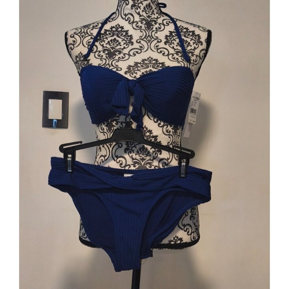Robin Piccone Blue Bikini Set Bandeau Halter Ribbed Mid Rise Sz M